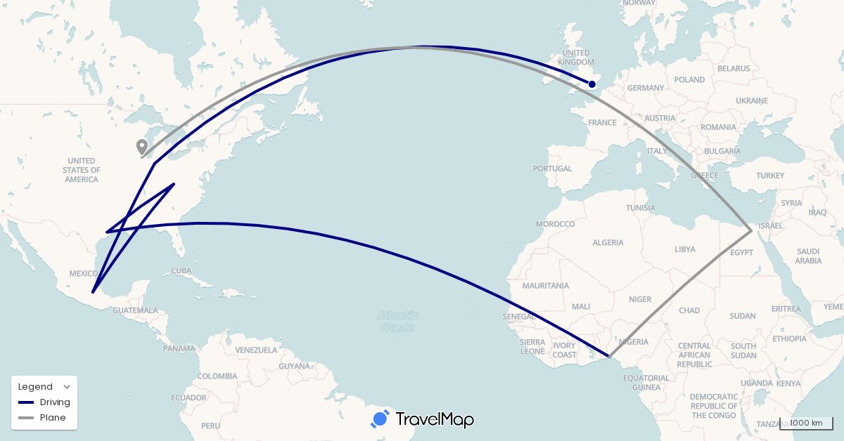TravelMap itinerary: driving, plane in Egypt, United Kingdom, Mexico, Nigeria, United States (Africa, Europe, North America)